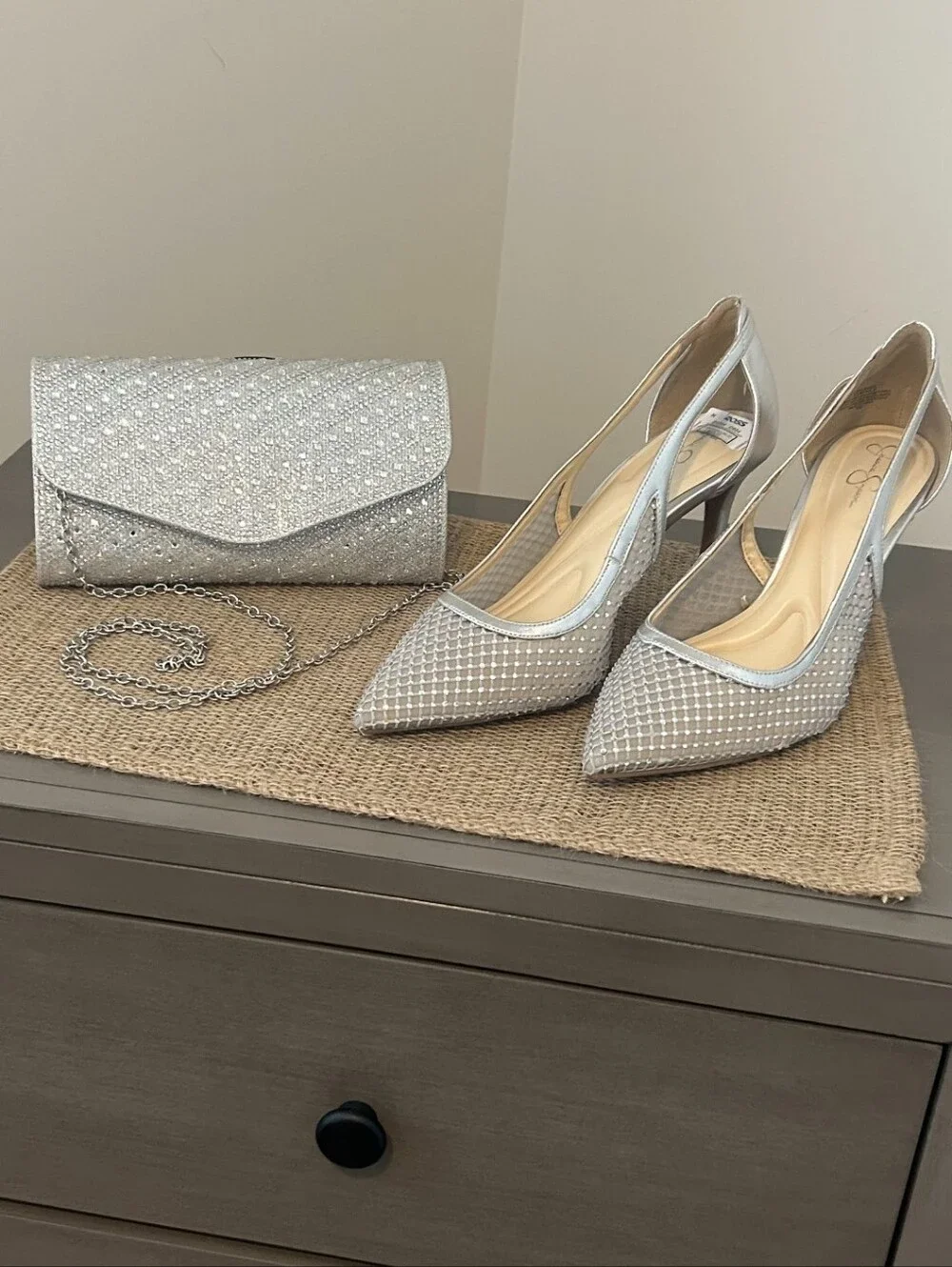 Silver Crystal Embellished Pointed-Toe Heels with Matching Clutch - Picture 1 of 1
